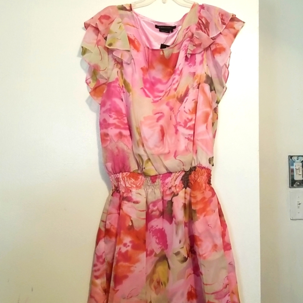 New BCBG MAXAZRIA Secret Garden Pink Floral Watercolor Paint Print Dress - Picture 3 of 12